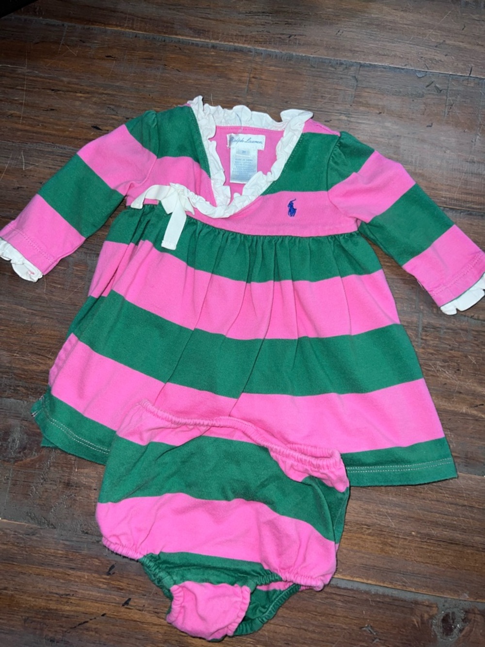 Ralph Lauren Pink and Green Striped Baby  Dress with Bloomer Set